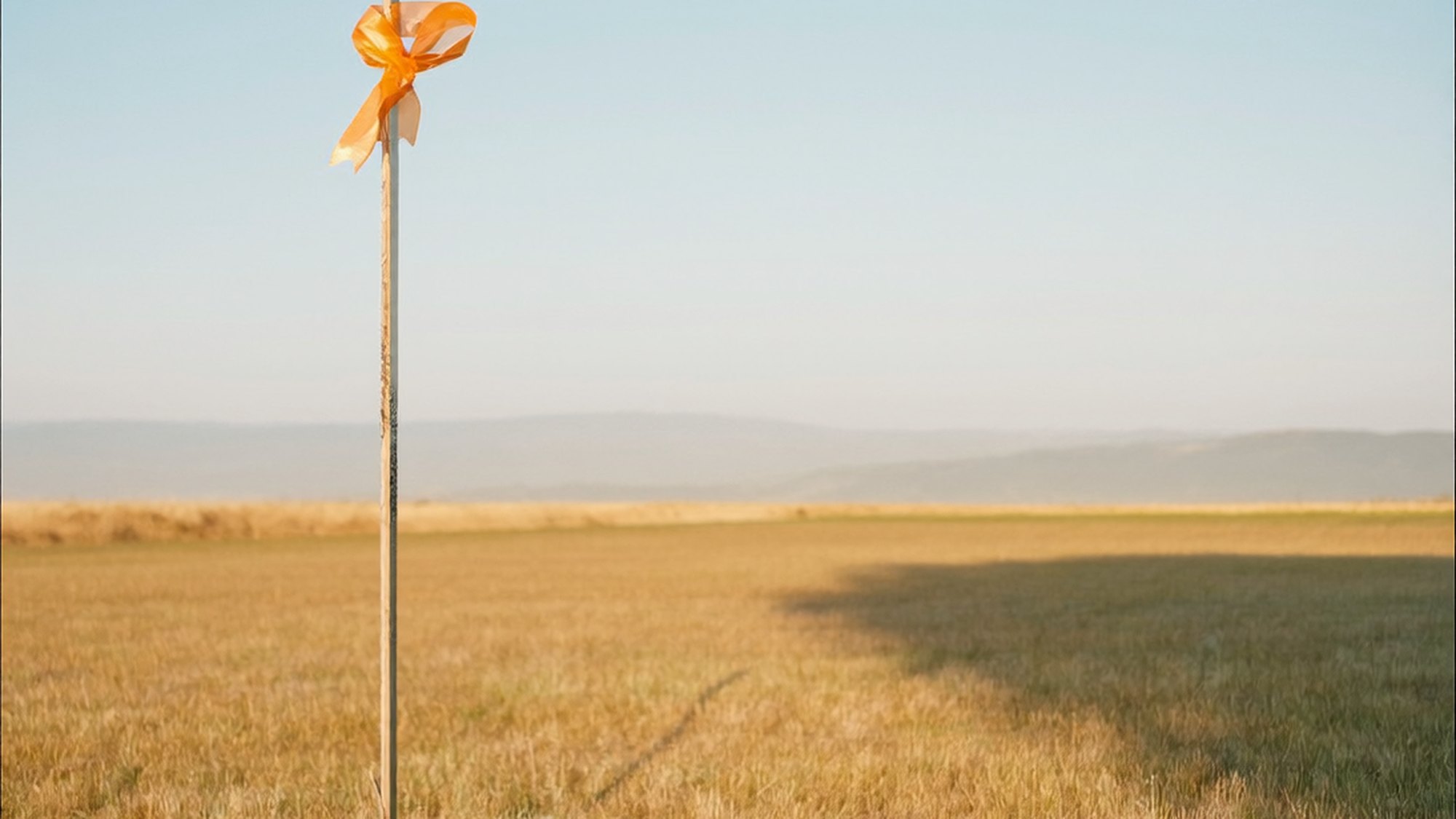 A survey stake with an orange ribbon standing in a golden field at low sun