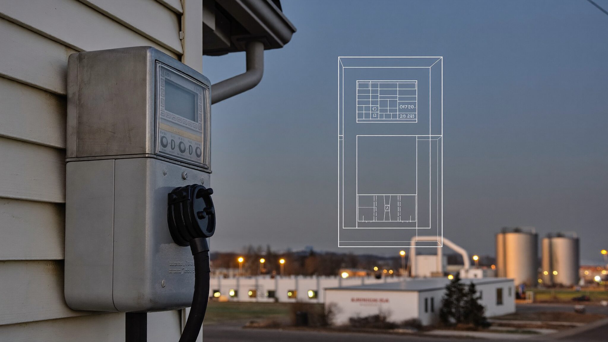 Residential electric meter on a house wall at night with a data-center campus glowing on the horizon