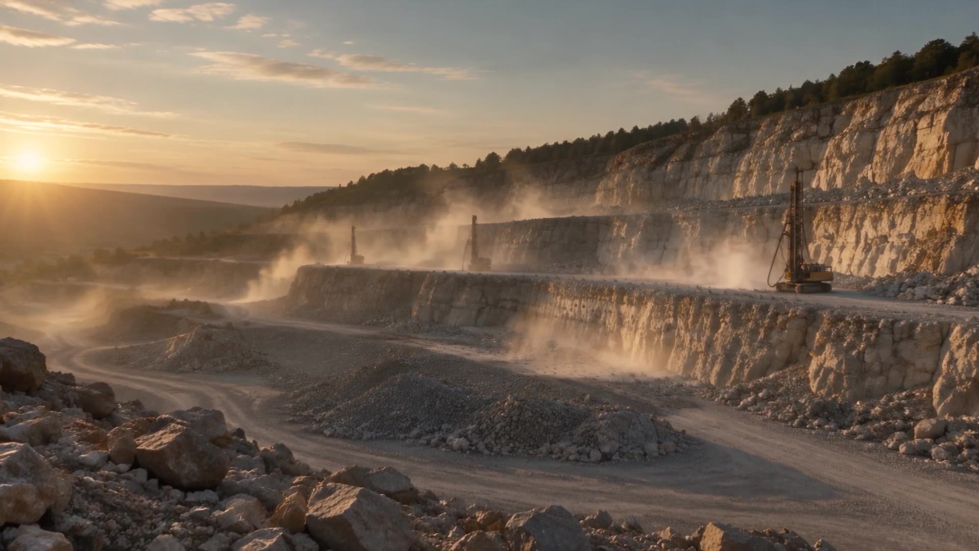 A terraced limestone quarry at sunrise with dust rising from the benches