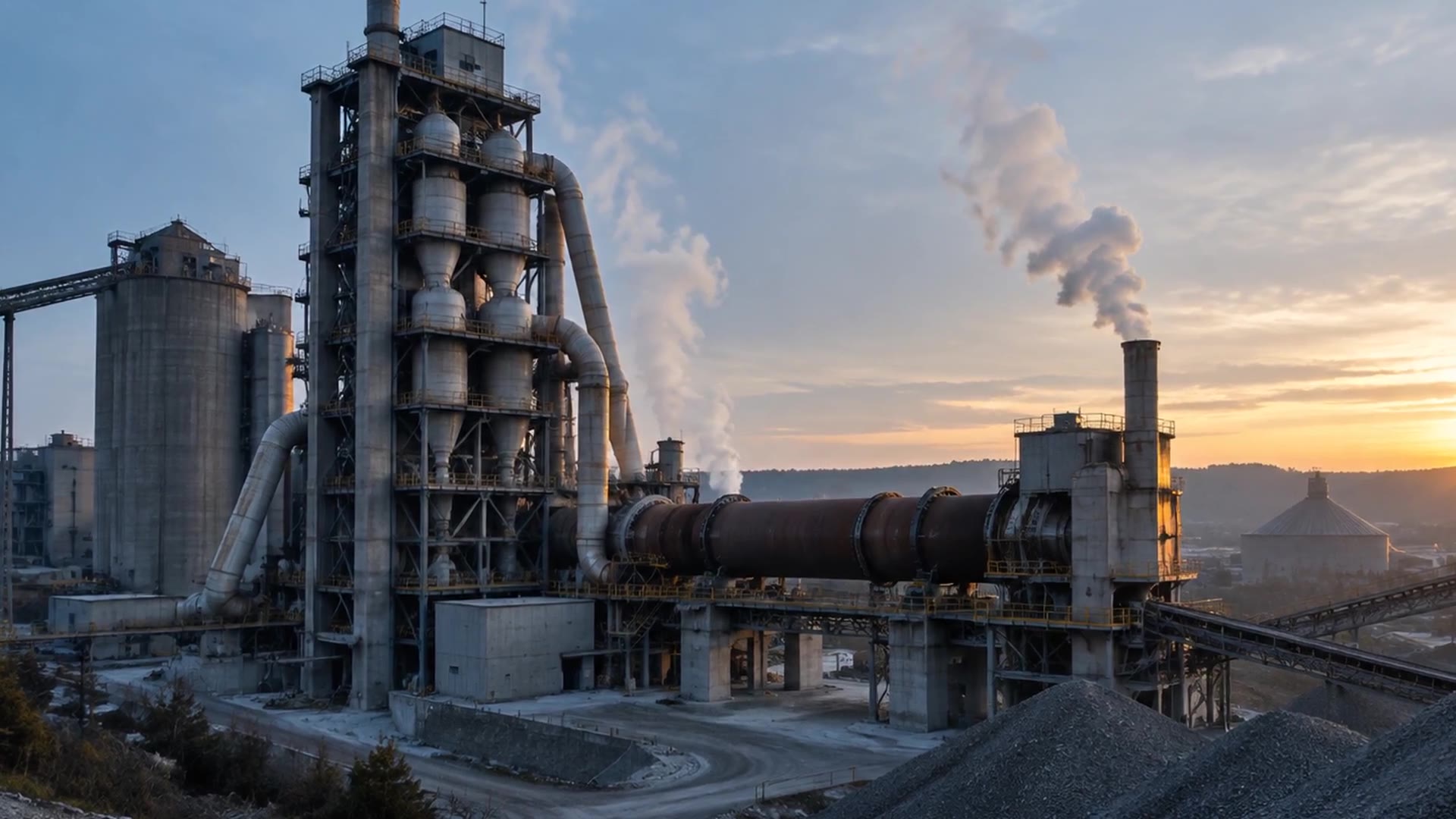 A cement plant with preheater tower and rotary kiln at sunset