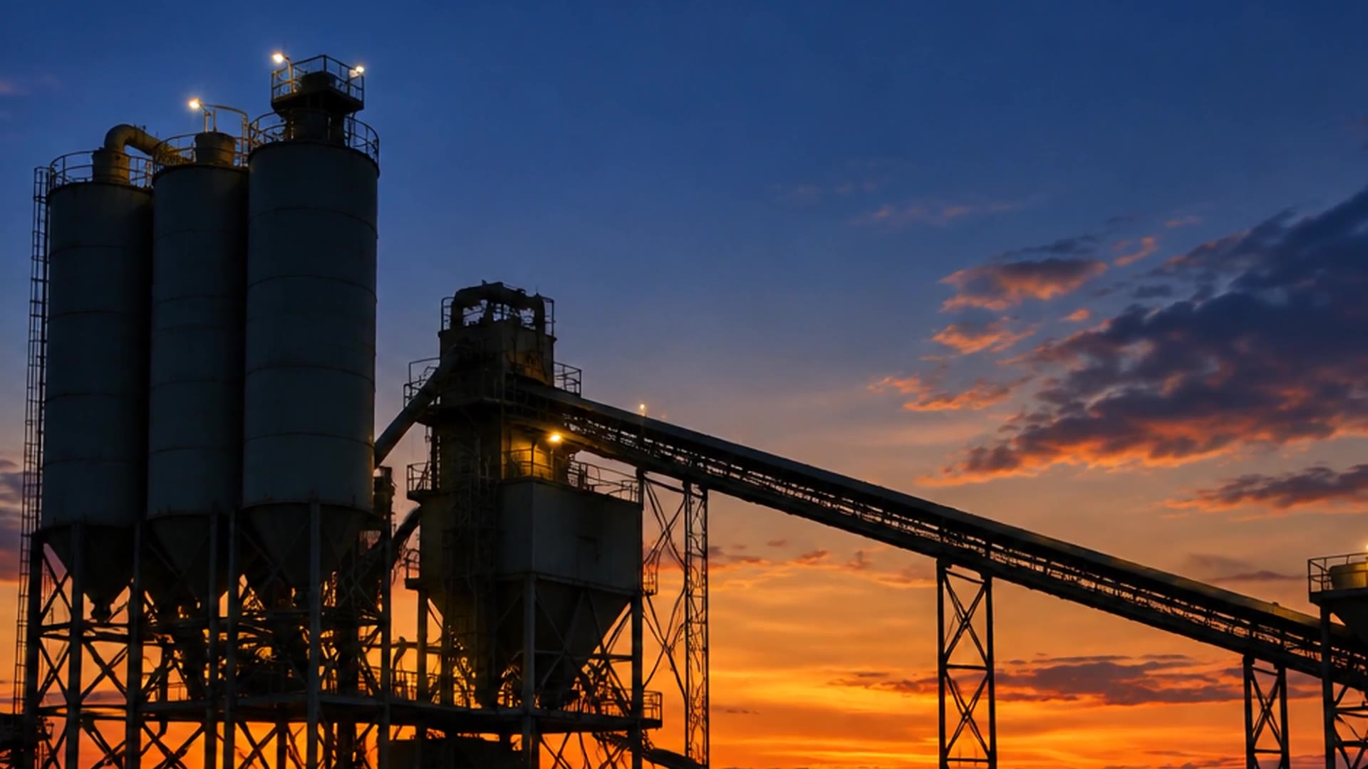 A ready-mix batch plant with silos and conveyor silhouetted against a dusk sky