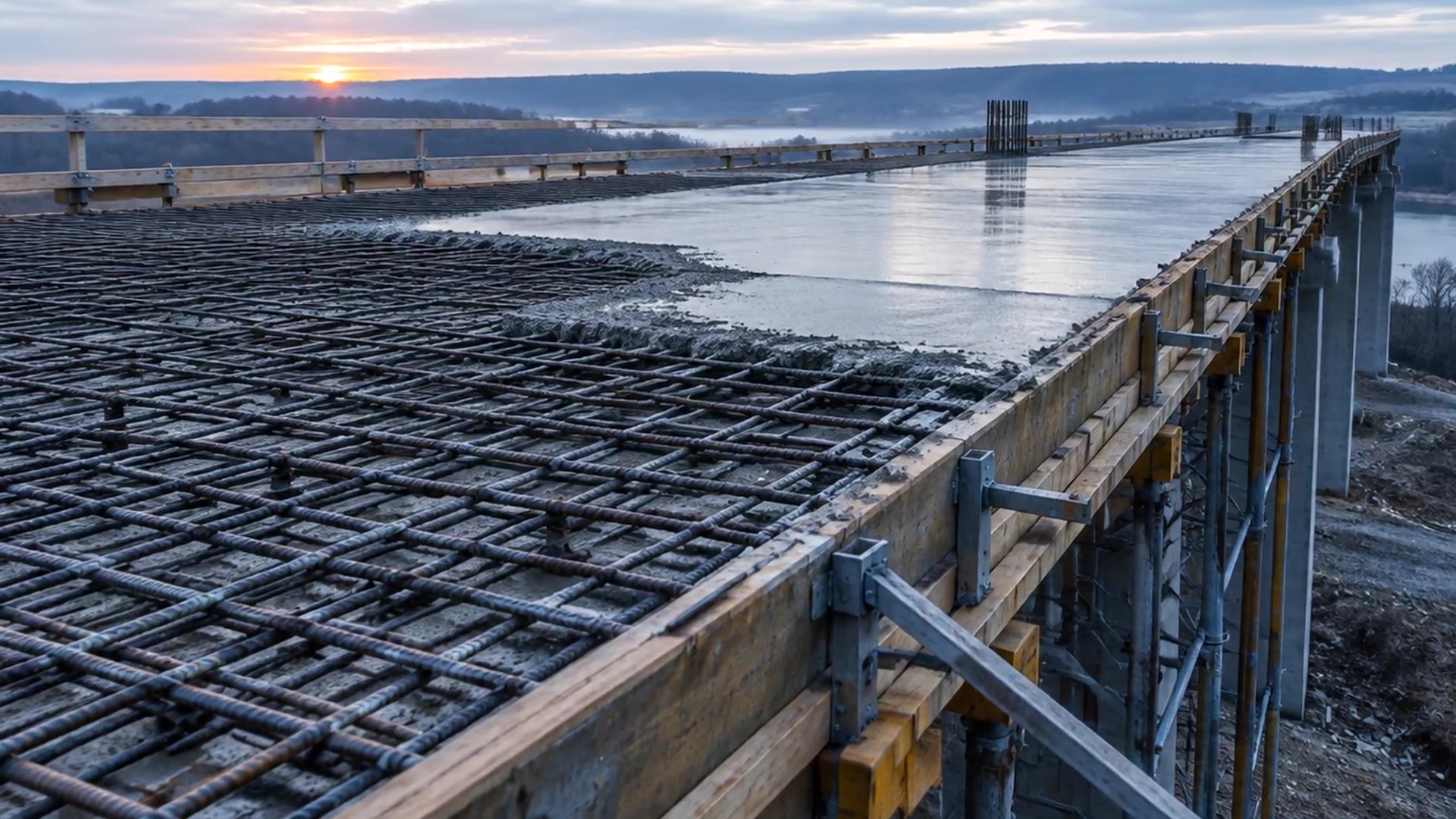 Reinforcing steel and fresh concrete on a bridge deck under construction at sunrise