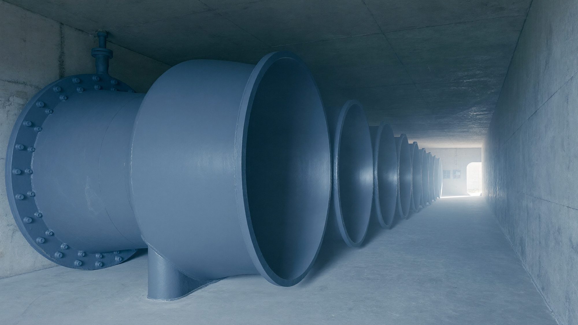 A pipe gallery inside a treatment plant with large valves and painted mains