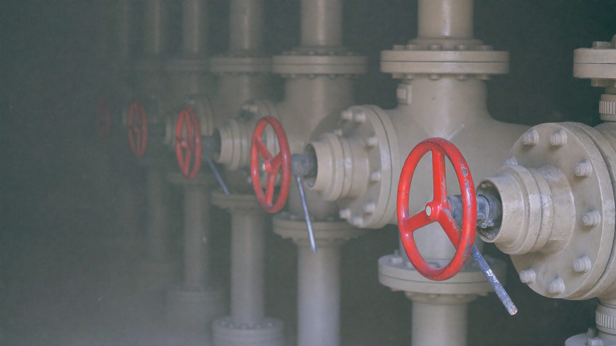 A valve gallery with actuators, piping and electrical conduit