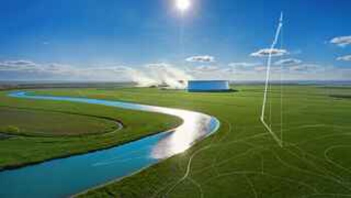 Aerial view of a river bending toward a distant data-center campus
