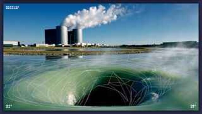 Water disappearing down a drain vortex — illustrating consumption relocated upstream to the power plant