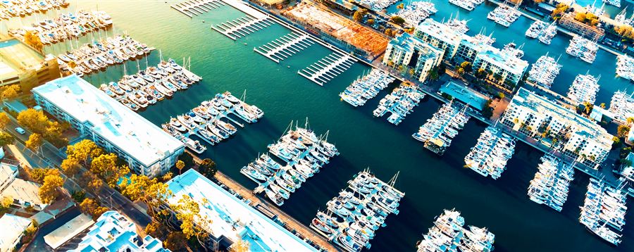Aerial view of a large marina community