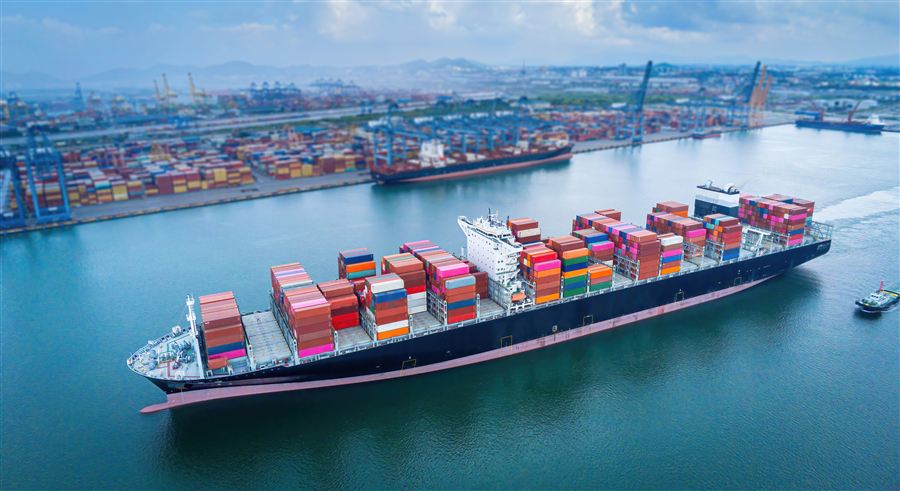 Aerial view of an industrial port container terminal